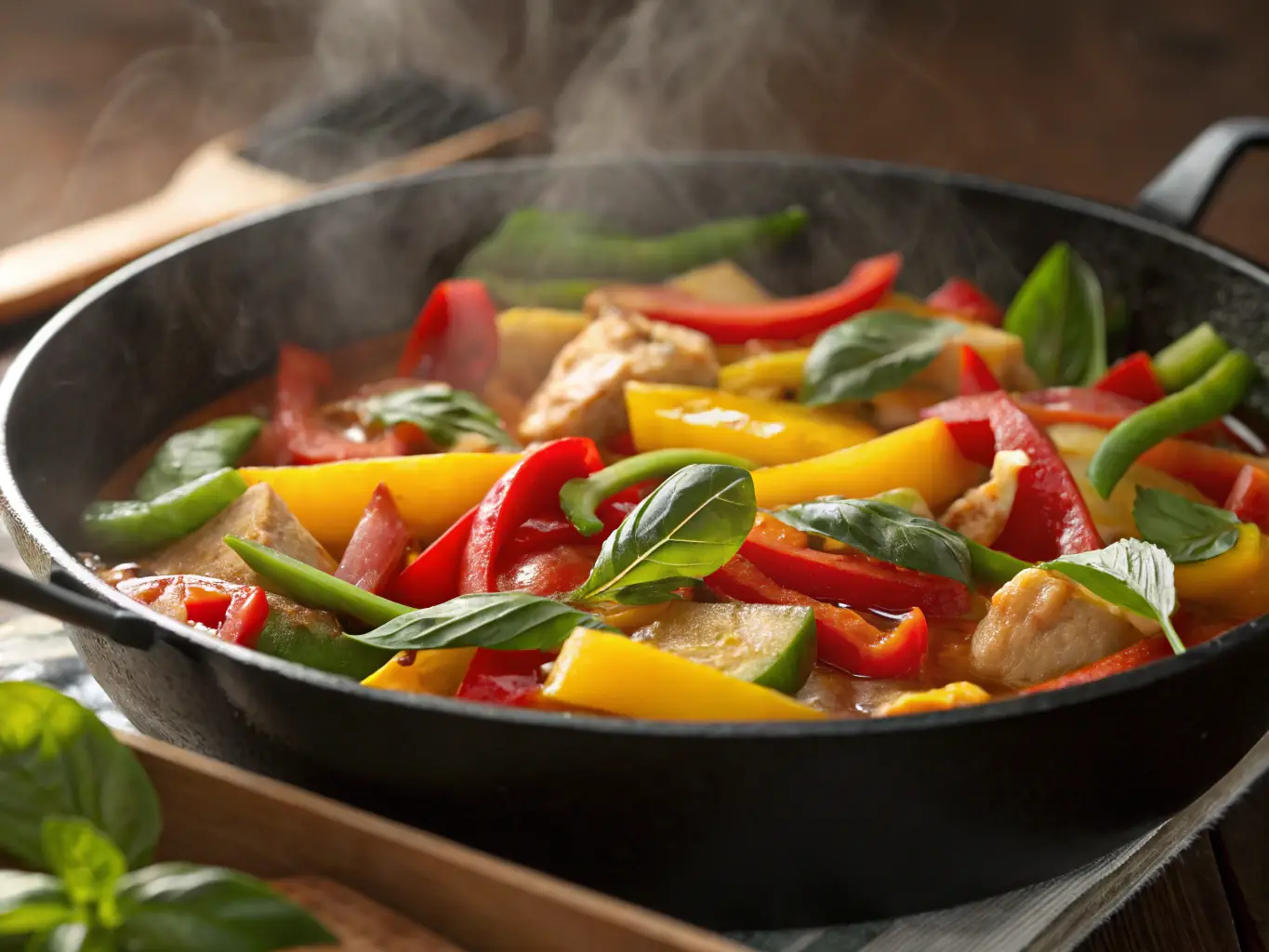 A close-up shot of a steaming bowl of spicy Thai curry, highlighting the vibrant colors and aromatic spices used in the dish.