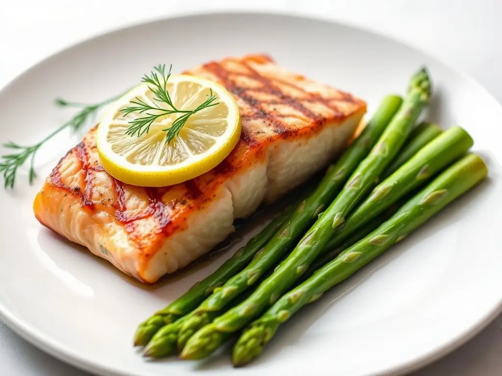 A beautifully plated dish of grilled salmon with asparagus and lemon wedges, showcasing the restaurant's focus on fresh ingredients and elegant presentation.