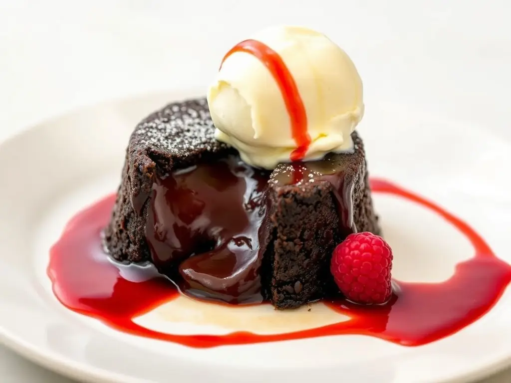 A decadent chocolate lava cake with a molten center, topped with vanilla ice cream and fresh berries, emphasizing the restaurant's dessert offerings.